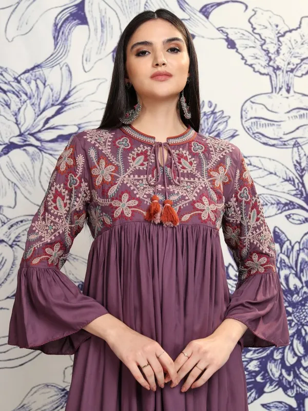 Vishudh Women Purple Embroidered A-Line Dress