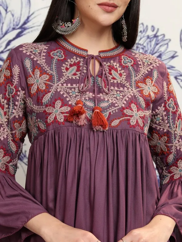 Vishudh Women Purple Embroidered A-Line Dress