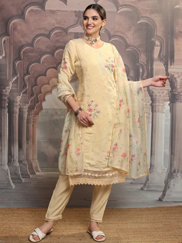 Vishudh Women Yellow Embroidered Kurta With Trouser And Dupatta