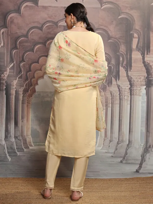 Vishudh Women Yellow Embroidered Kurta With Trouser And Dupatta