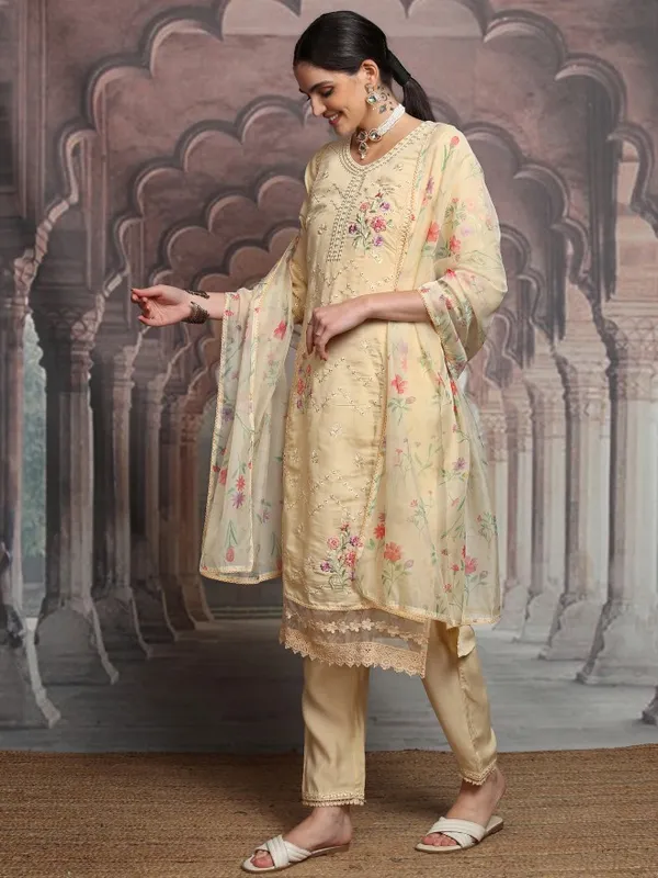Vishudh Women Yellow Embroidered Kurta With Trouser And Dupatta