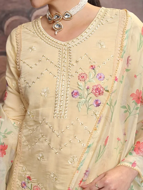 Vishudh Women Yellow Embroidered Kurta With Trouser And Dupatta