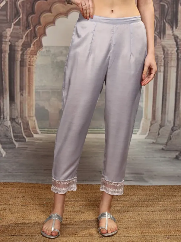 Vishudh Women Purple Embroidered Kurta With Trouser And Dupatta