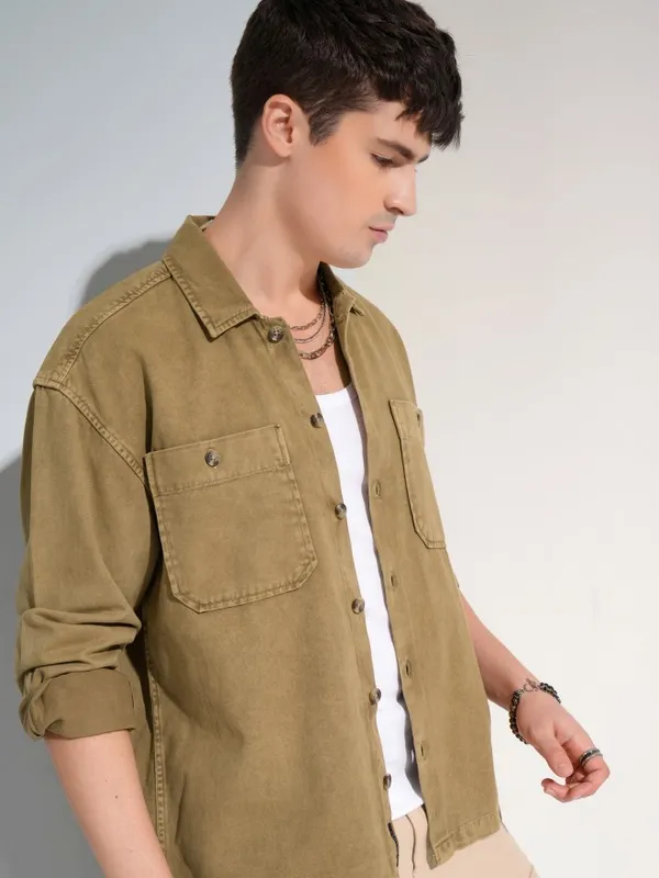 Highlander Men Khaki Faded Oversized Fit Casual Shirt