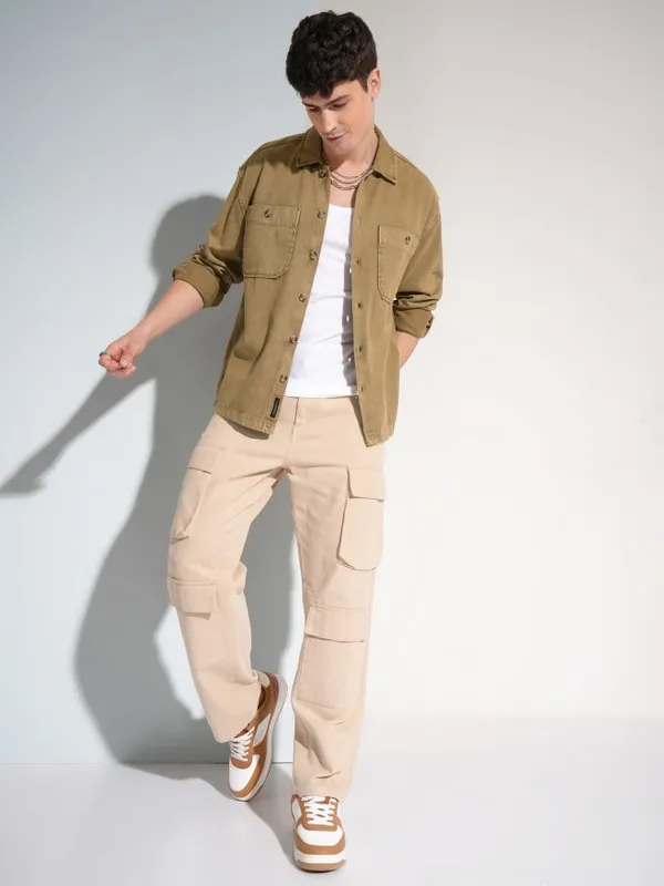 Highlander Men Khaki Faded Oversized Fit Casual Shirt