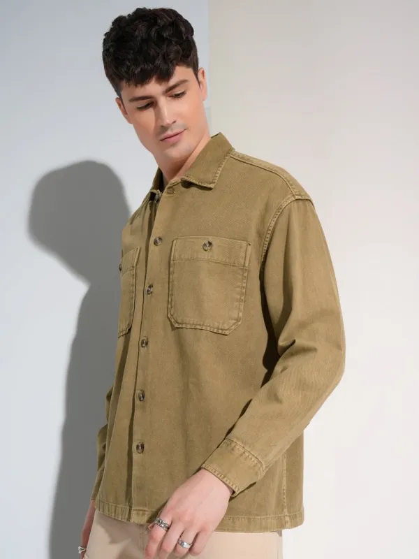 Highlander Men Khaki Faded Oversized Fit Casual Shirt