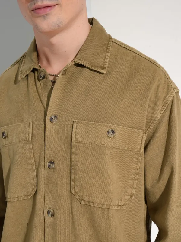 Highlander Men Khaki Faded Oversized Fit Casual Shirt
