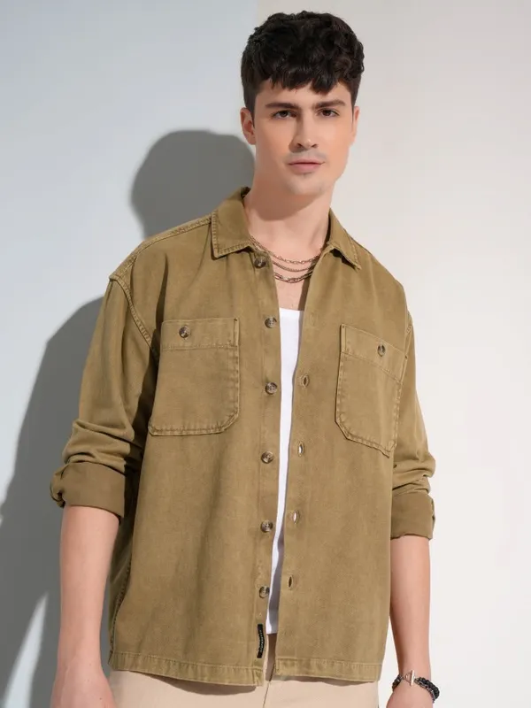 Highlander Men Khaki Faded Oversized Fit Casual Shirt
