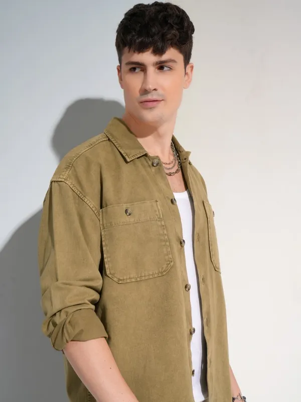 Highlander Men Khaki Faded Oversized Fit Casual Shirt