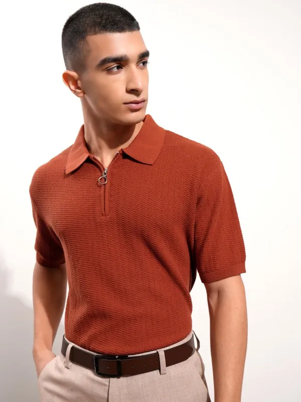 Highlander Men Terracotta Self Design Polo Collar T-Shirt