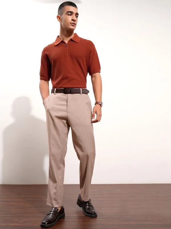 Highlander Men Terracotta Self Design Polo Collar T-Shirt