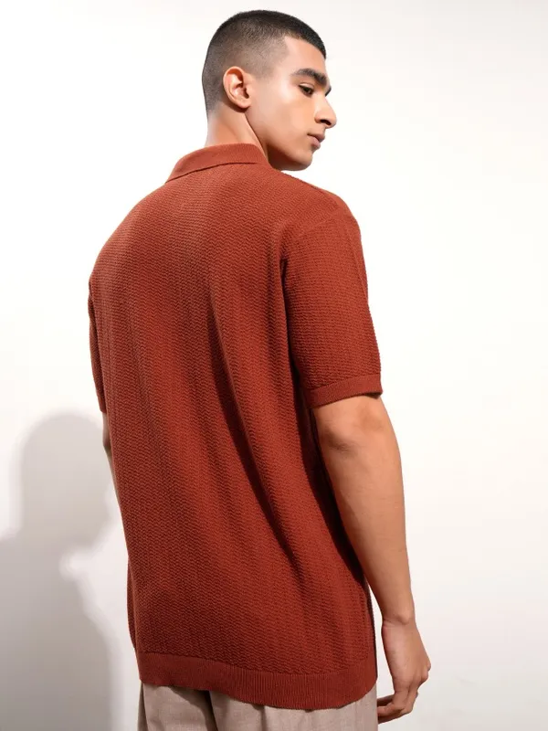 Highlander Men Terracotta Self Design Polo Collar T-Shirt