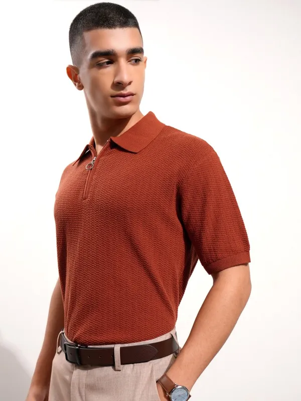 Highlander Men Terracotta Self Design Polo Collar T-Shirt