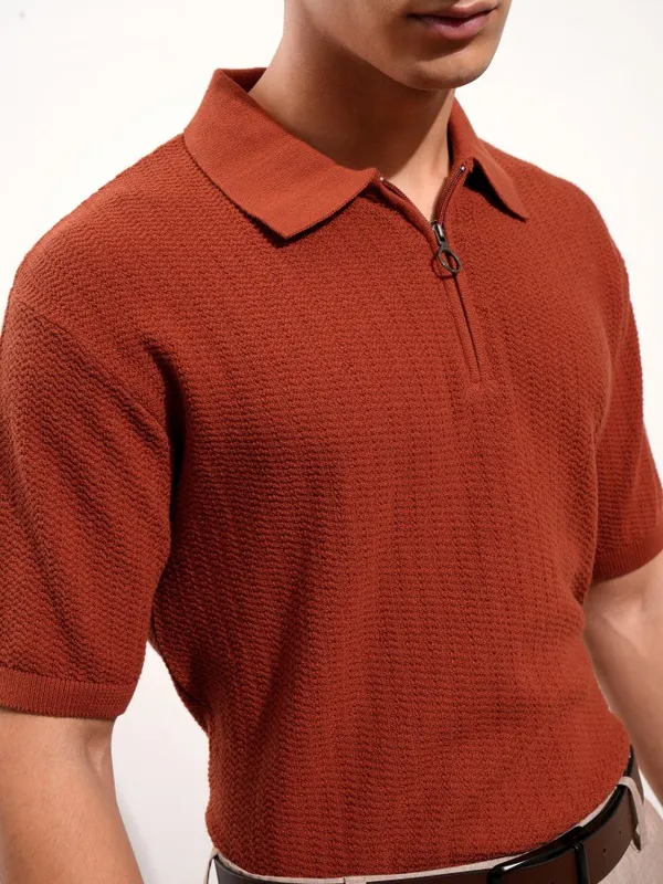 Highlander Men Terracotta Self Design Polo Collar T-Shirt