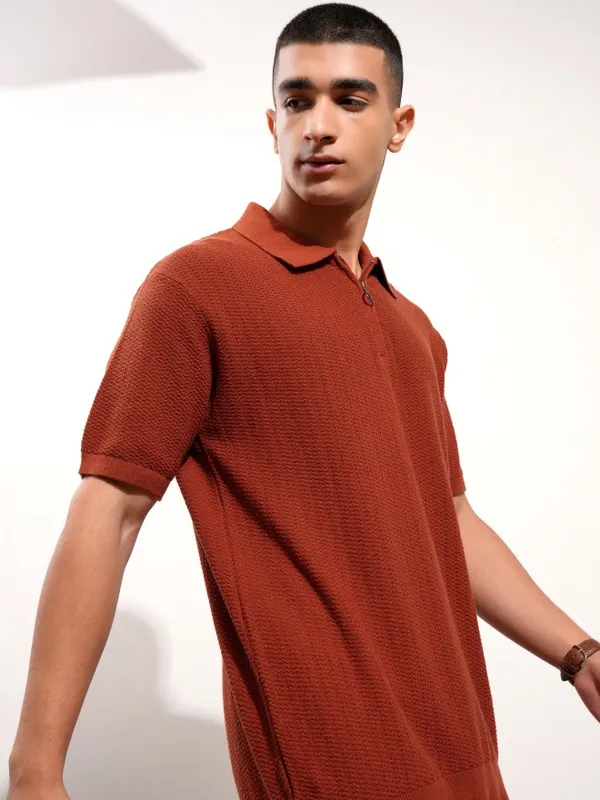 Highlander Men Terracotta Self Design Polo Collar T-Shirt