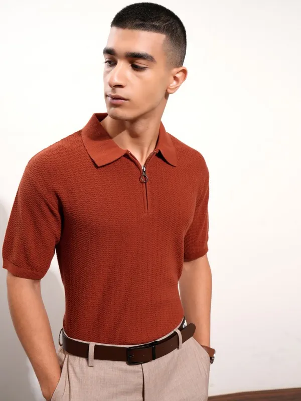 Highlander Men Terracotta Self Design Polo Collar T-Shirt