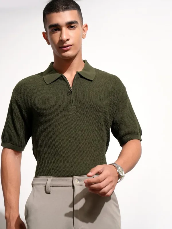 Highlander Men Olive Self Design Polo Collar T-Shirt
