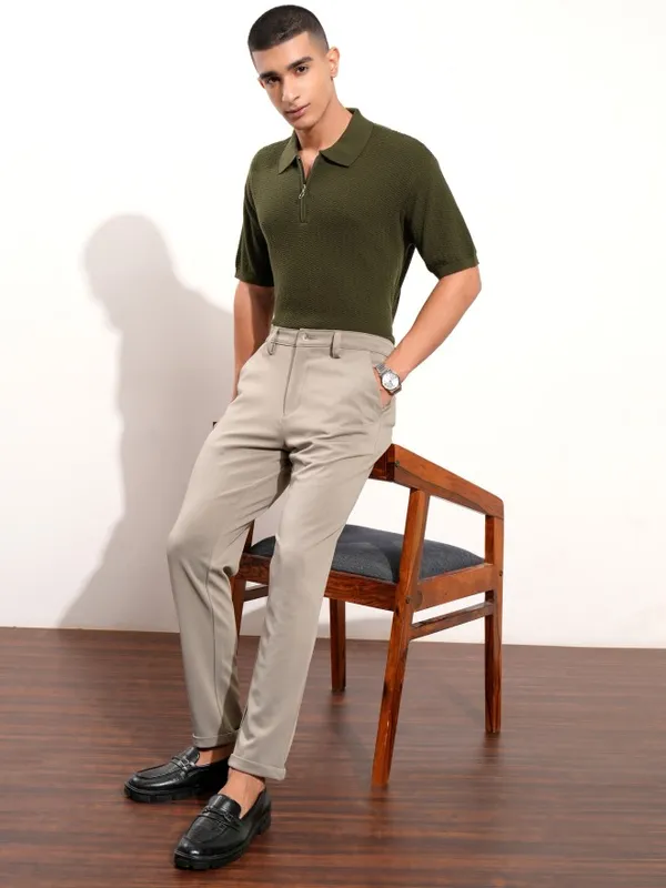 Highlander Men Olive Self Design Polo Collar T-Shirt