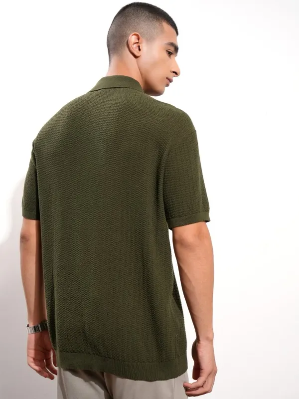 Highlander Men Olive Self Design Polo Collar T-Shirt