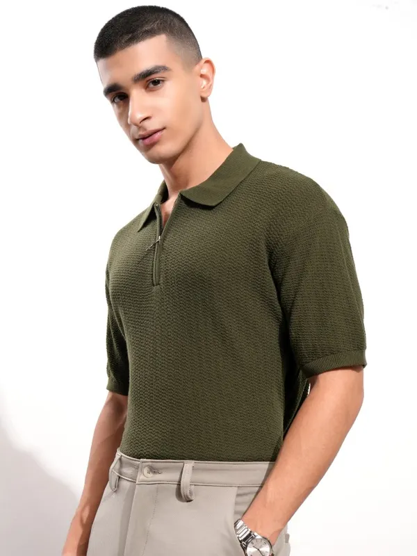 Highlander Men Olive Self Design Polo Collar T-Shirt