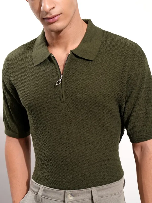Highlander Men Olive Self Design Polo Collar T-Shirt