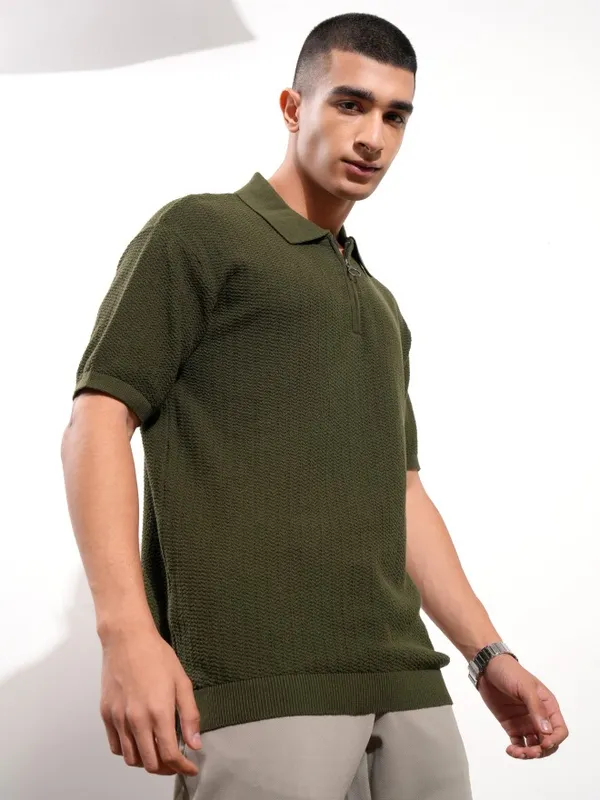 Highlander Men Olive Self Design Polo Collar T-Shirt