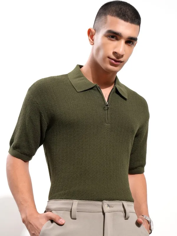Highlander Men Olive Self Design Polo Collar T-Shirt
