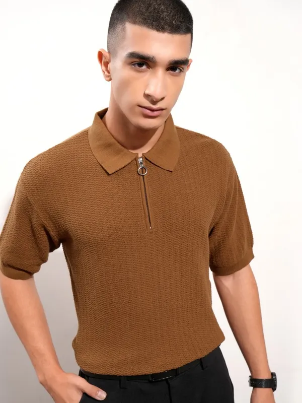 Highlander Men Brown Self Design Polo Collar T-Shirt