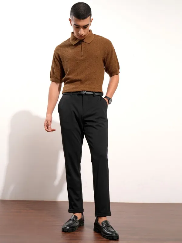 Highlander Men Brown Self Design Polo Collar T-Shirt