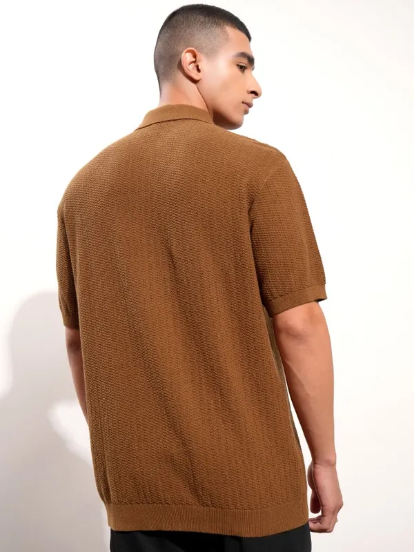 Highlander Men Brown Self Design Polo Collar T-Shirt