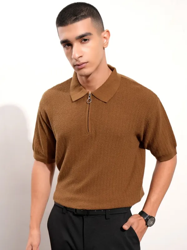 Highlander Men Brown Self Design Polo Collar T-Shirt