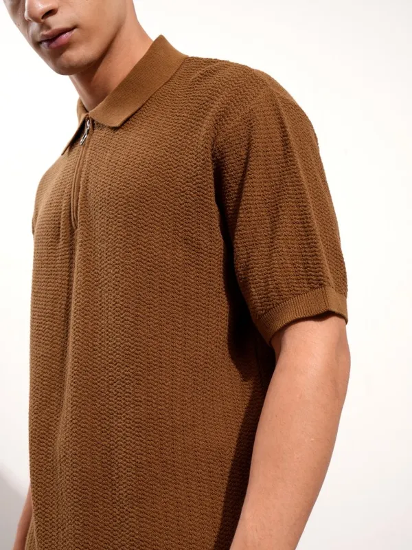 Highlander Men Brown Self Design Polo Collar T-Shirt