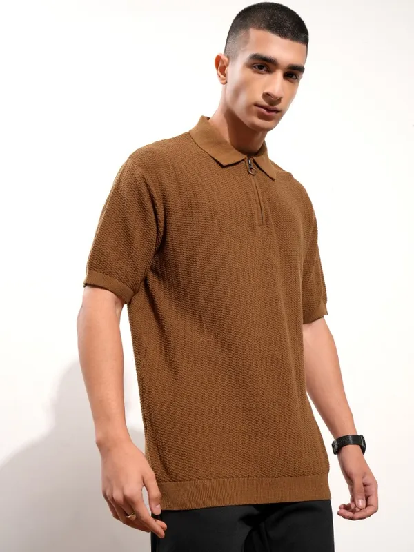 Highlander Men Brown Self Design Polo Collar T-Shirt