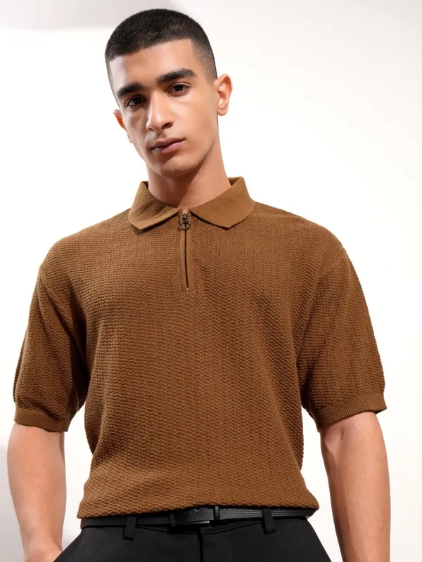Highlander Men Brown Self Design Polo Collar T-Shirt
