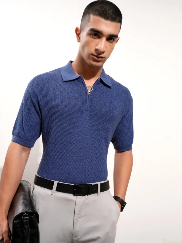 Highlander Men Blue Self Design Polo Collar T-Shirt