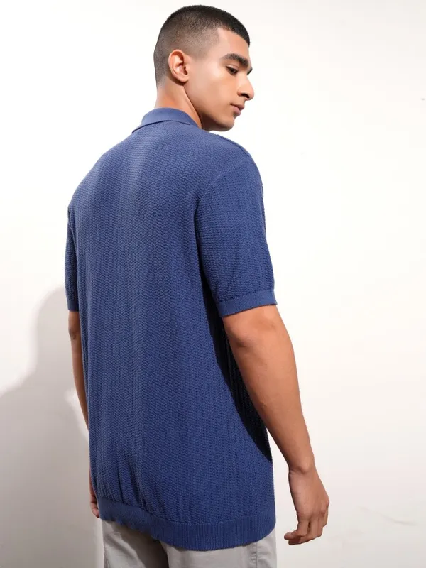 Highlander Men Blue Self Design Polo Collar T-Shirt