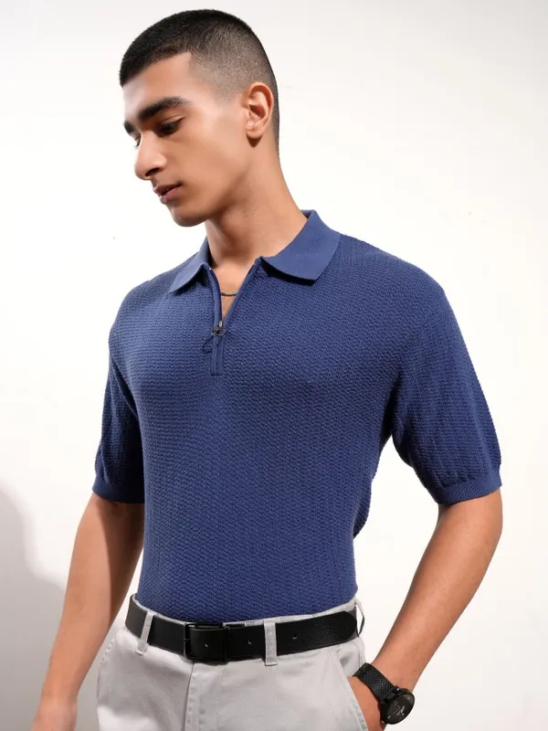 Highlander Men Blue Self Design Polo Collar T-Shirt