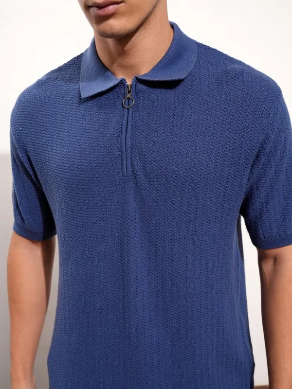 Highlander Men Blue Self Design Polo Collar T-Shirt