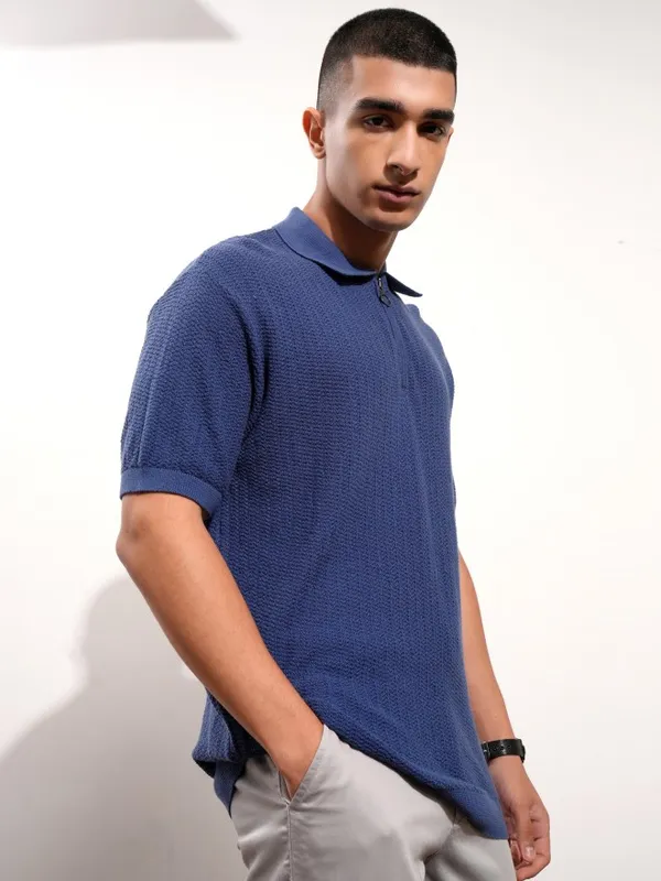 Highlander Men Blue Self Design Polo Collar T-Shirt