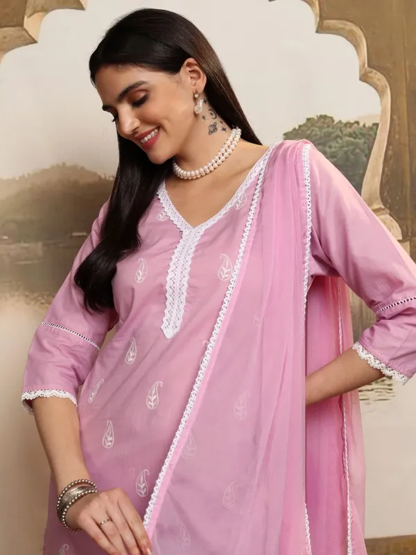 Vishudh Women Pink Embroidered Kurta With Trousers And Dupatta
