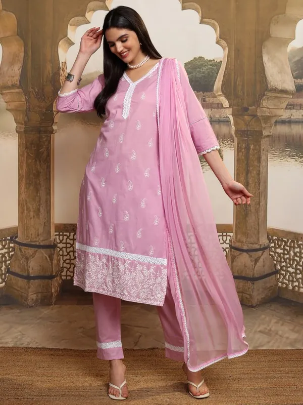 Vishudh Women Pink Embroidered Kurta With Trousers And Dupatta
