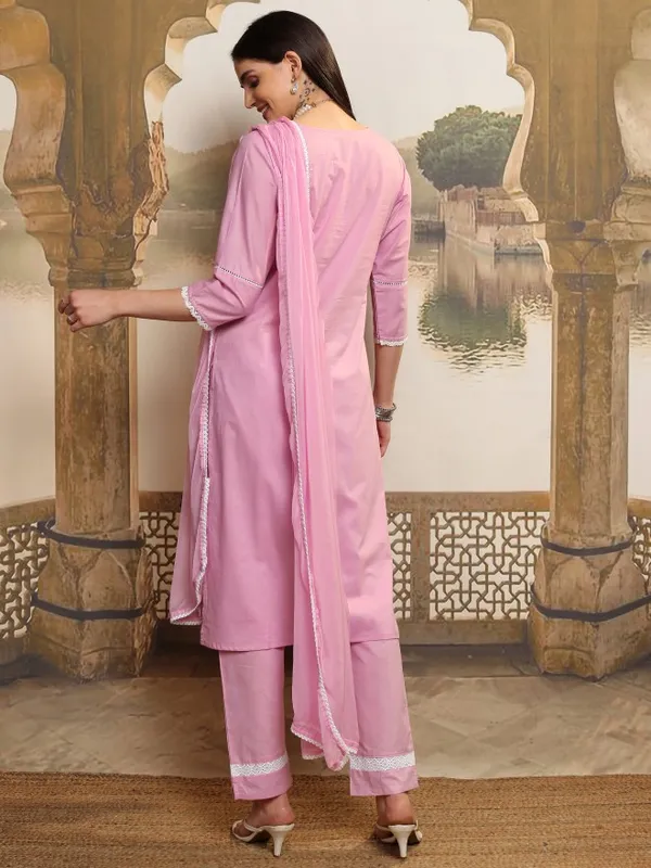 Vishudh Women Pink Embroidered Kurta With Trousers And Dupatta