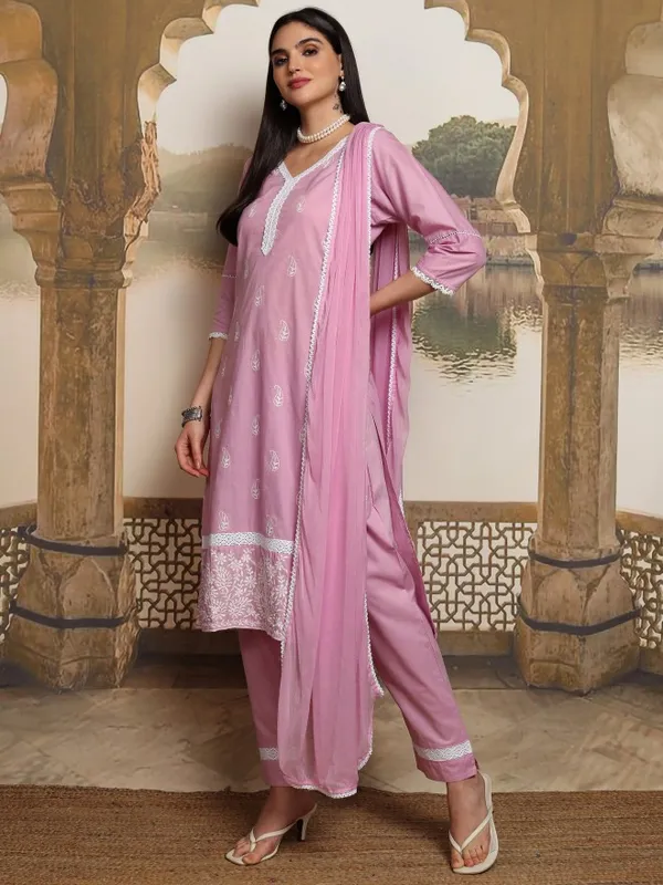 Vishudh Women Pink Embroidered Kurta With Trousers And Dupatta
