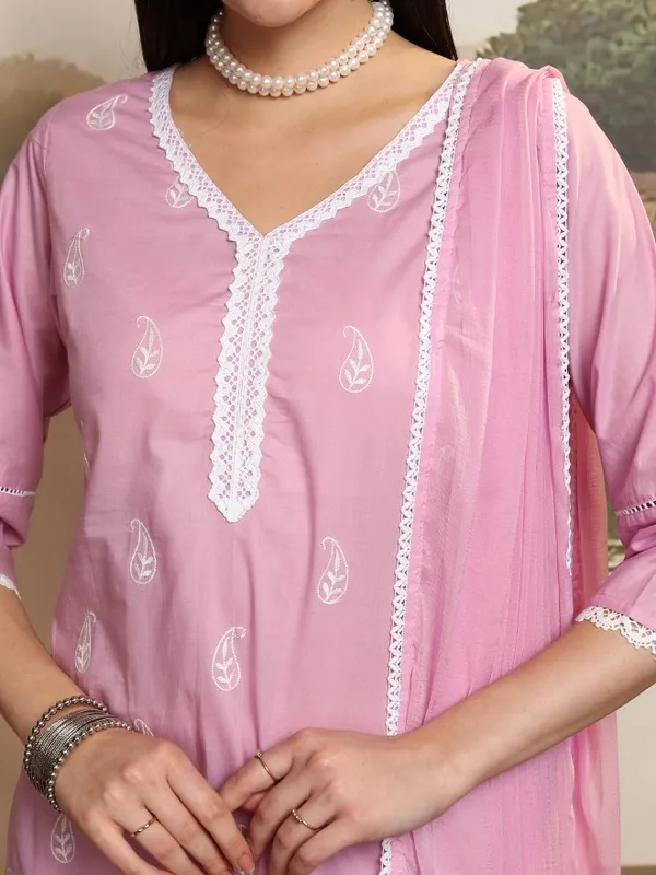 Vishudh Women Pink Embroidered Kurta With Trousers And Dupatta