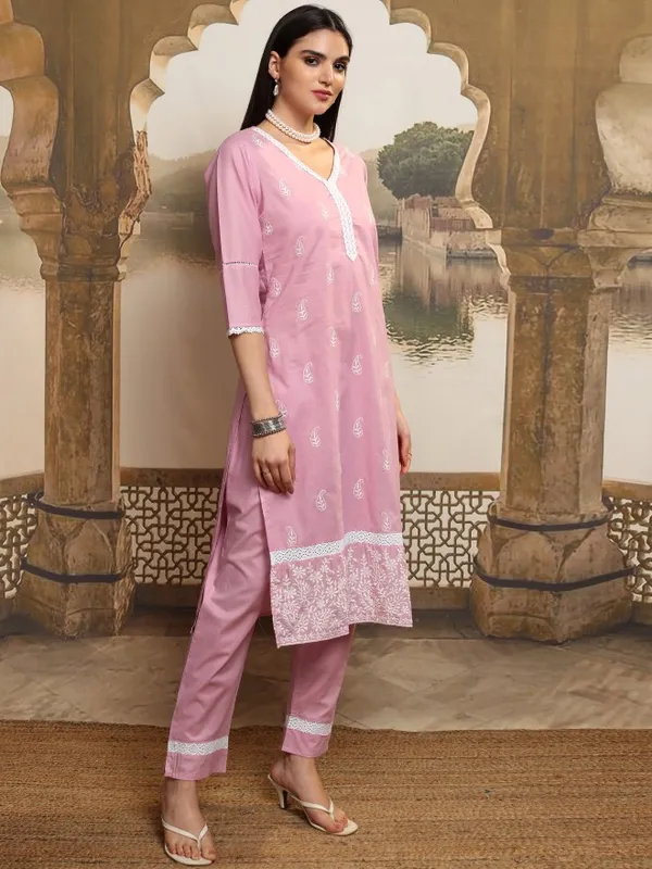 Vishudh Women Pink Embroidered Kurta With Trousers And Dupatta