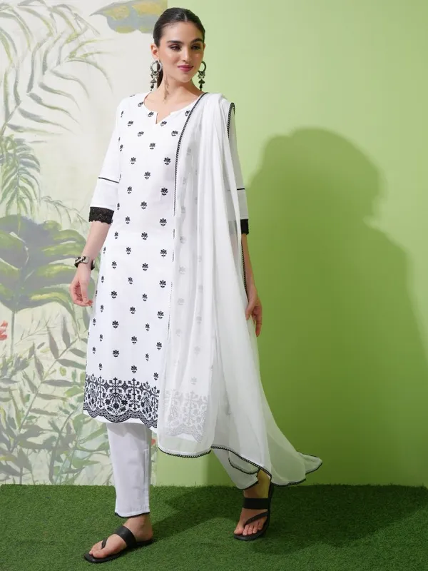 Vishudh Women White Embroidered Kurta With Trouser And Dupatta