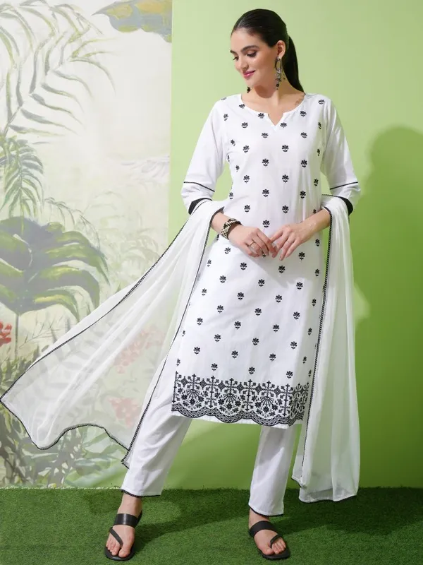 Vishudh Women White Embroidered Kurta With Trouser And Dupatta