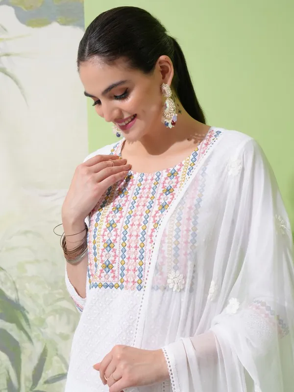 Vishudh Women White Embroidered Kurta With Trousers And Dupatta