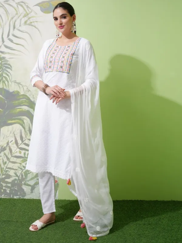 Vishudh Women White Embroidered Kurta With Trousers And Dupatta