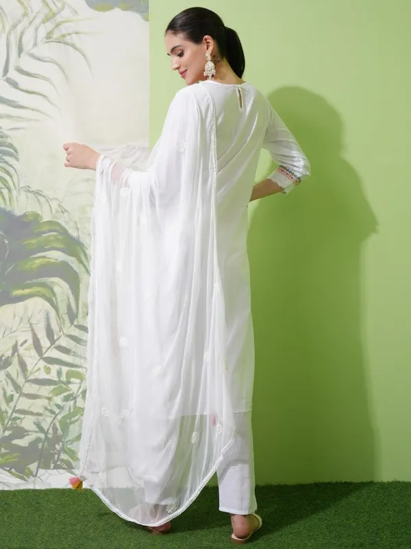 Vishudh Women White Embroidered Kurta With Trousers And Dupatta